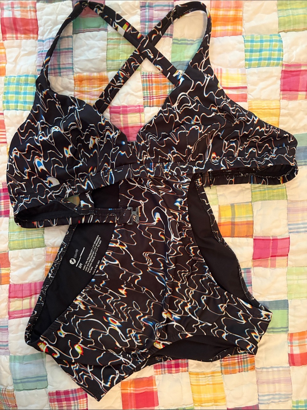 Oiselle Black Two-Piece with Multicolor Wave Print